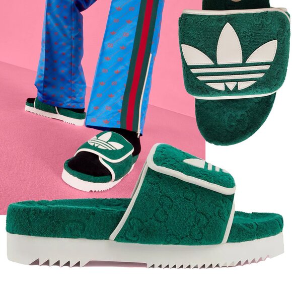 GUCCI MENS SHOES ADIDAS X GG GREEN COTTON SPONGE PLATFORM SANDAL SLIDE sz 9 9.5 - Picture 1 of 16